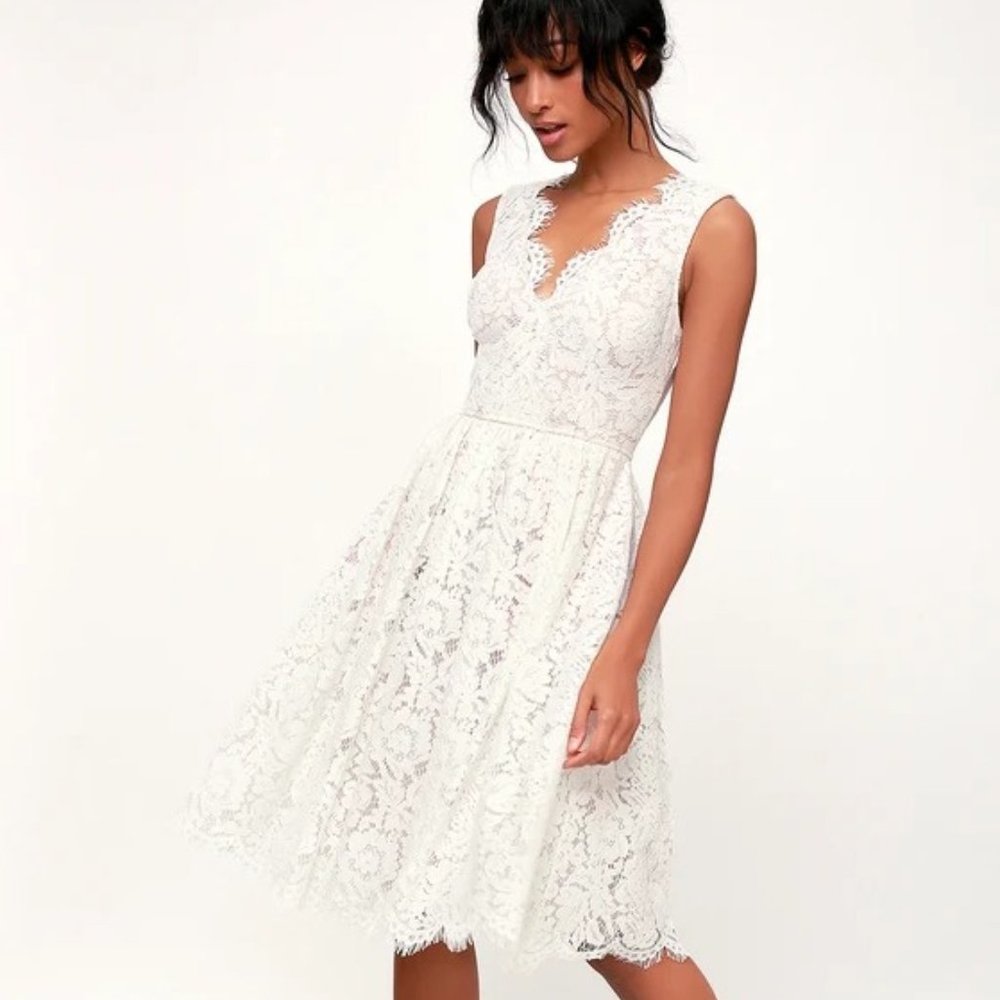 Love Swept White Lace Midi Skater Dress BRAND NEW